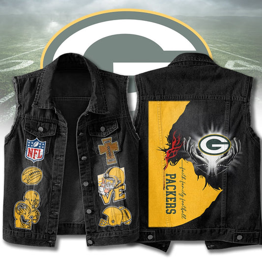 LIMITED EDITION - NEW PREMIUM NFL08 GBP GREEN BAY PACKERS SLEEVELESS DENIM JACKET
