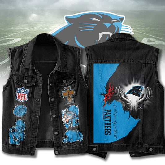 LIMITED EDITION - NEW PREMIUM NFL23 CLP CAROLINA PANTHERS SLEEVELESS DENIM JACKET