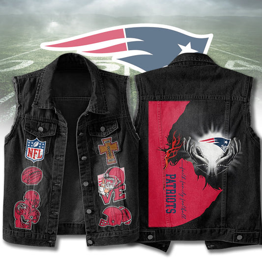 LIMITED EDITION - NEW PREMIUM NFL27 NEP NEW ENGLAND PATRIOTS SLEEVELESS DENIM JACKET