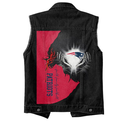 LIMITED EDITION - NEW PREMIUM NFL27 NEP NEW ENGLAND PATRIOTS SLEEVELESS DENIM JACKET