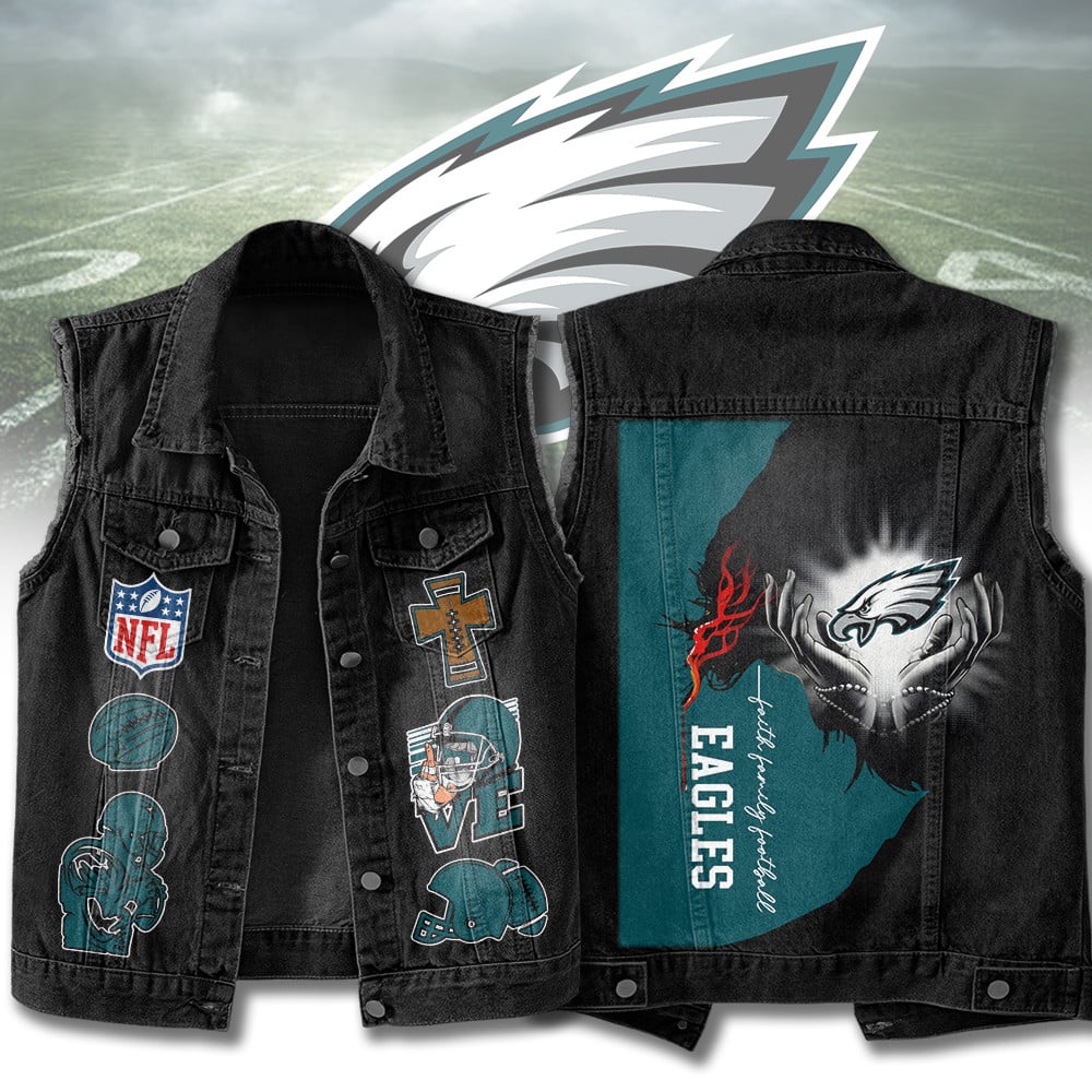 LIMITED EDITION - NEW PREMIUM NFL02 PPE PHILADELPHIA EAGLES SLEEVELESS DENIM JACKET
