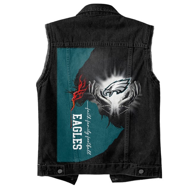 LIMITED EDITION - NEW PREMIUM NFL02 PPE PHILADELPHIA EAGLES SLEEVELESS DENIM JACKET