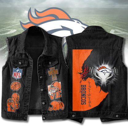 LIMITED EDITION - NEW PREMIUM NFL13 DVB DENVER BRONCOS SLEEVELESS DENIM JACKET