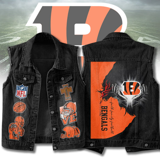 LIMITED EDITION - NEW PREMIUM NFL16 CCB CINCINNATI BENGALS SLEEVELESS DENIM JACKET