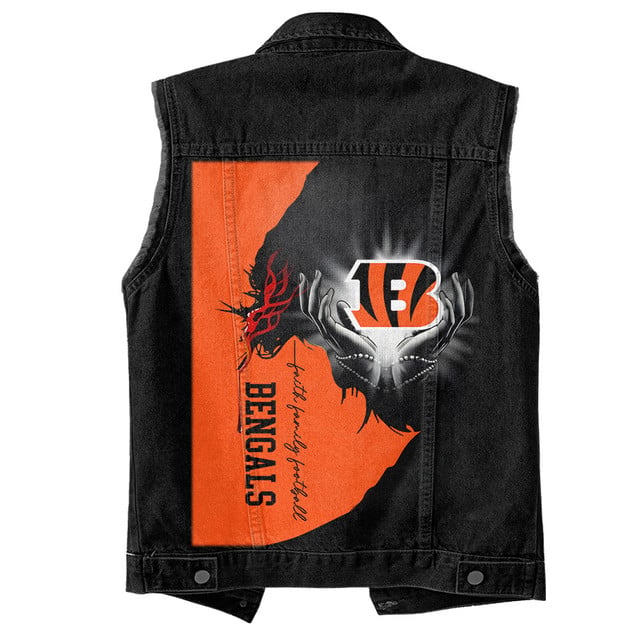 LIMITED EDITION - NEW PREMIUM NFL16 CCB CINCINNATI BENGALS SLEEVELESS DENIM JACKET