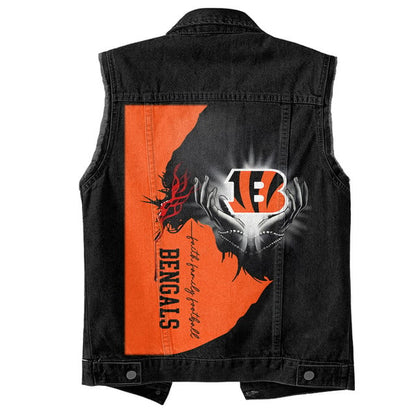 LIMITED EDITION - NEW PREMIUM NFL16 CCB CINCINNATI BENGALS SLEEVELESS DENIM JACKET
