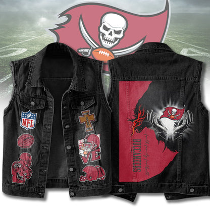 LIMITED EDITION - NEW PREMIUM NFL10 TBB TAMPA BAY BUCCANEERS SLEEVELESS DENIM JACKET