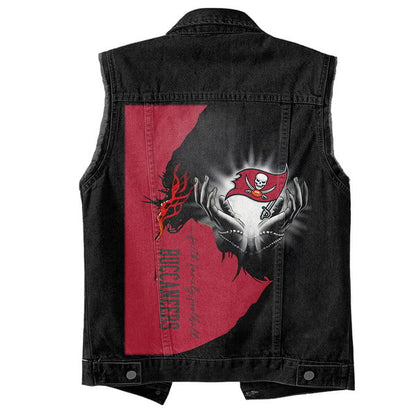 LIMITED EDITION - NEW PREMIUM NFL10 TBB TAMPA BAY BUCCANEERS SLEEVELESS DENIM JACKET