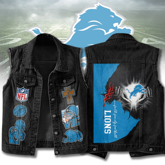 LIMITED EDITION - NEW PREMIUM NFL04 DTL DETROIT LIONS SLEEVELESS DENIM JACKET
