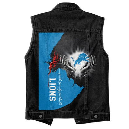 LIMITED EDITION - NEW PREMIUM NFL04 DTL DETROIT LIONS SLEEVELESS DENIM JACKET