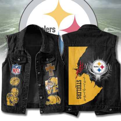 LIMITED EDITION - NEW PREMIUM NFL14 PSB PITTSBURGH STEELERS SLEEVELESS DENIM JACKET