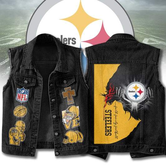 LIMITED EDITION - NEW PREMIUM NFL14 PSB PITTSBURGH STEELERS SLEEVELESS DENIM JACKET