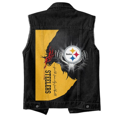 LIMITED EDITION - NEW PREMIUM NFL14 PSB PITTSBURGH STEELERS SLEEVELESS DENIM JACKET