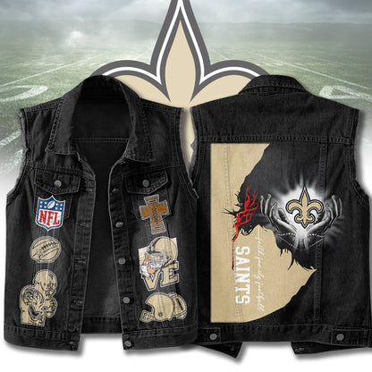 LIMITED EDITION - NEW PREMIUM NFL24 NOS NEW ORLEANS SAINTS SLEEVELESS DENIM JACKET