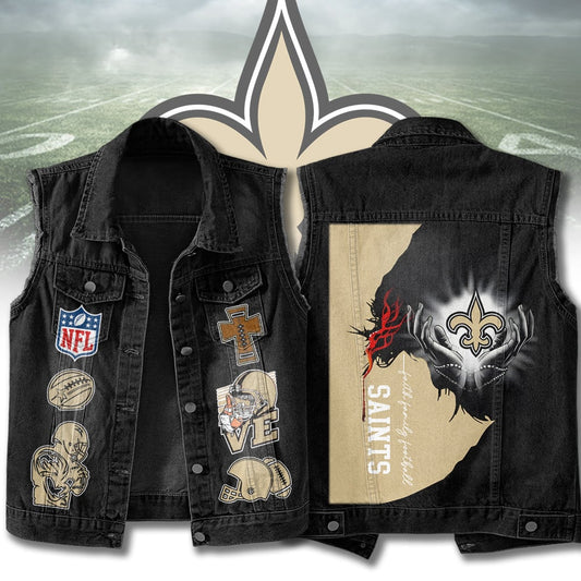 LIMITED EDITION - NEW PREMIUM NFL24 NOS NEW ORLEANS SAINTS SLEEVELESS DENIM JACKET