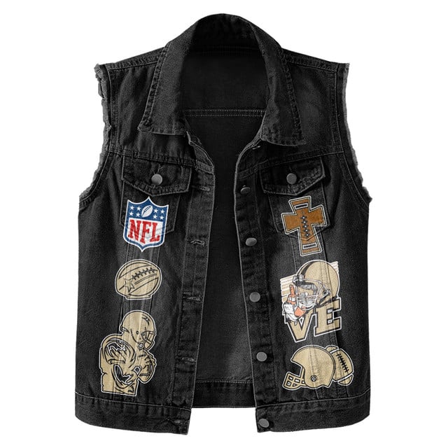 LIMITED EDITION - NEW PREMIUM NFL24 NOS NEW ORLEANS SAINTS SLEEVELESS DENIM JACKET