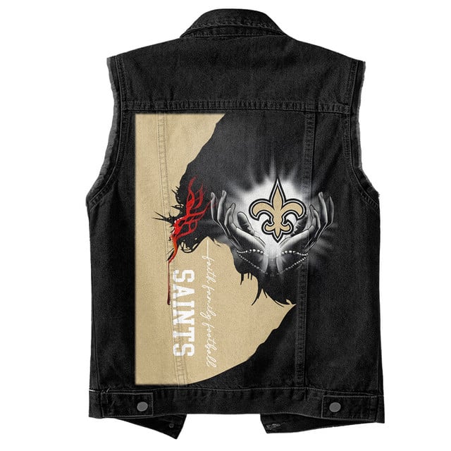 LIMITED EDITION - NEW PREMIUM NFL24 NOS NEW ORLEANS SAINTS SLEEVELESS DENIM JACKET