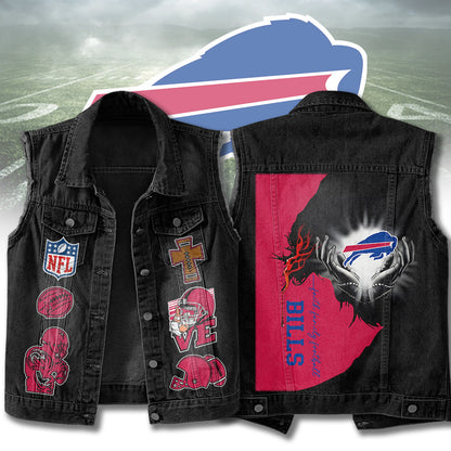 LIMITED EDITION - NEW PREMIUM NFL03 BFB BUFFALO BILLS SLEEVELESS DENIM JACKET