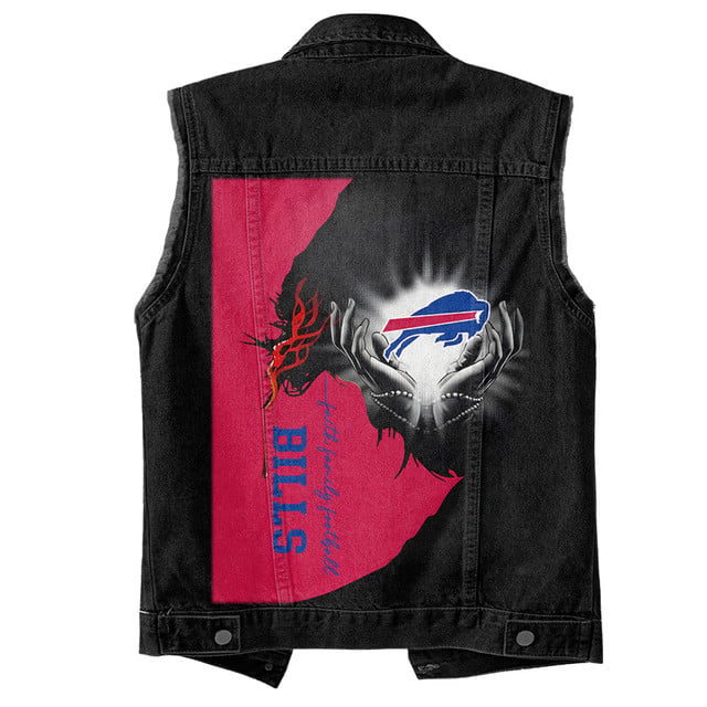 LIMITED EDITION - NEW PREMIUM NFL03 BFB BUFFALO BILLS SLEEVELESS DENIM JACKET
