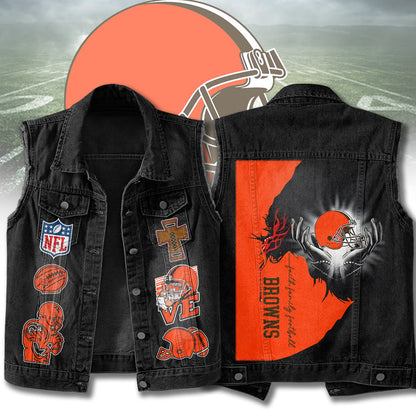 LIMITED EDITION - NEW PREMIUM NFL29 CLB CLEVELAND BROWNS SLEEVELESS DENIM JACKET