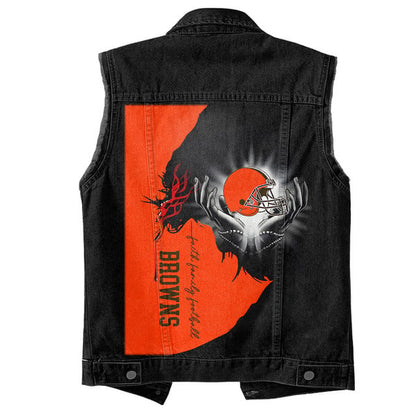 LIMITED EDITION - NEW PREMIUM NFL29 CLB CLEVELAND BROWNS SLEEVELESS DENIM JACKET