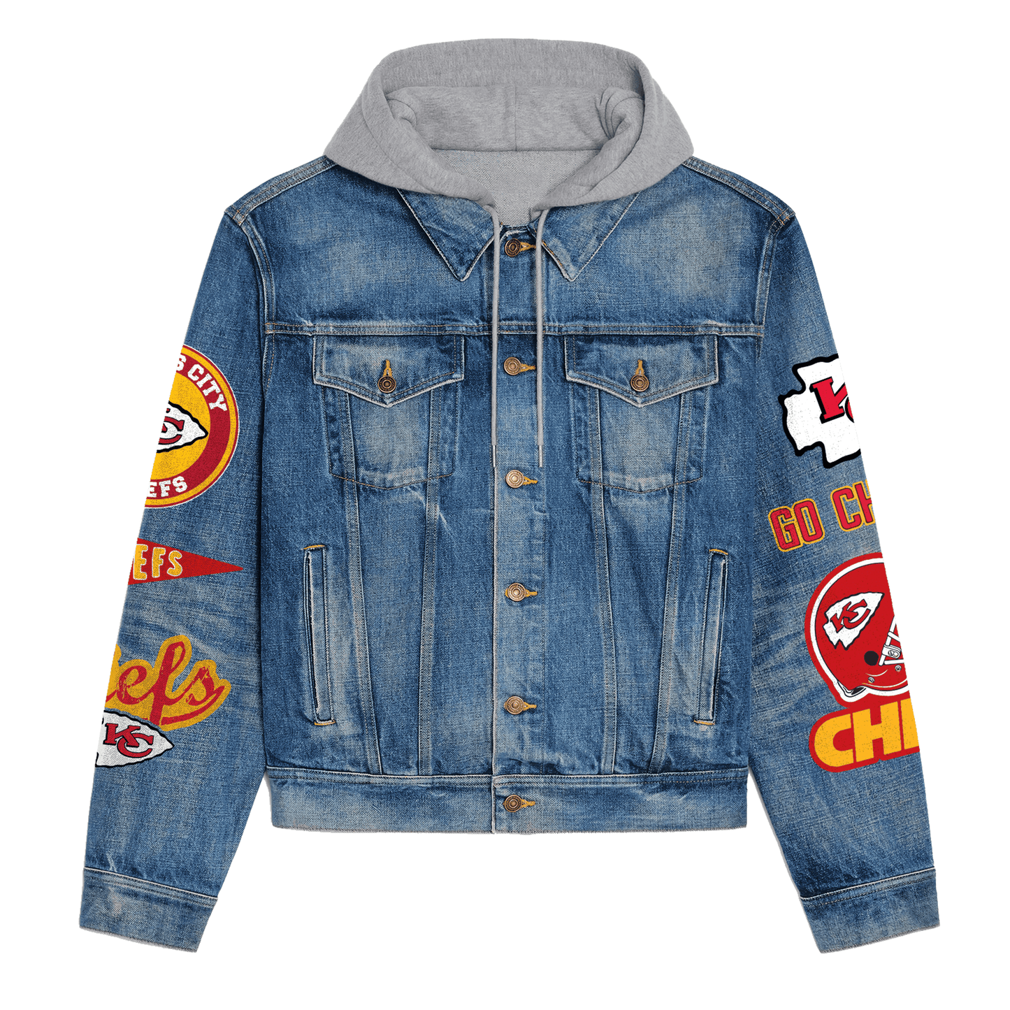 LIMITED EDITION - NEW PREMIUM NFL01 KCC PREMIUM KANSAS CITY CHIEFS HOODED DENIM JACKET