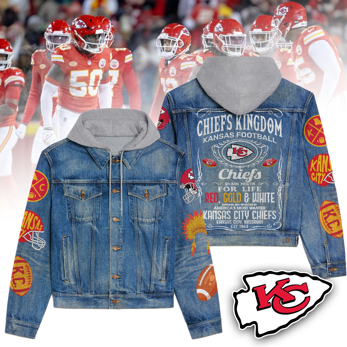 LIMITED EDITION - NEW PREMIUM NFL01 KCC PREMIUM KANSAS CITY CHIEFS HOODED DENIM JACKET