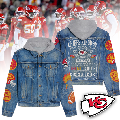 LIMITED EDITION - NEW PREMIUM NFL01 KCC PREMIUM KANSAS CITY CHIEFS HOODED DENIM JACKET
