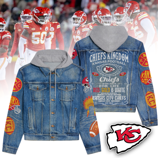 LIMITED EDITION - NEW PREMIUM NFL01 KCC PREMIUM KANSAS CITY CHIEFS HOODED DENIM JACKET