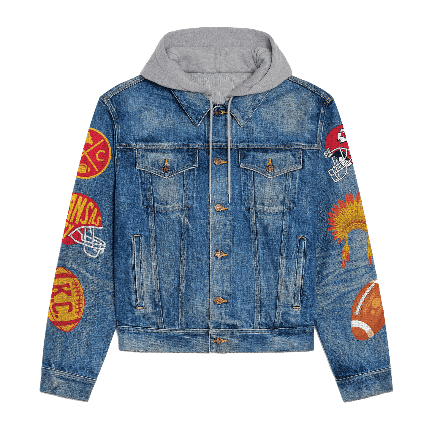 LIMITED EDITION - NEW PREMIUM NFL01 KCC PREMIUM KANSAS CITY CHIEFS HOODED DENIM JACKET