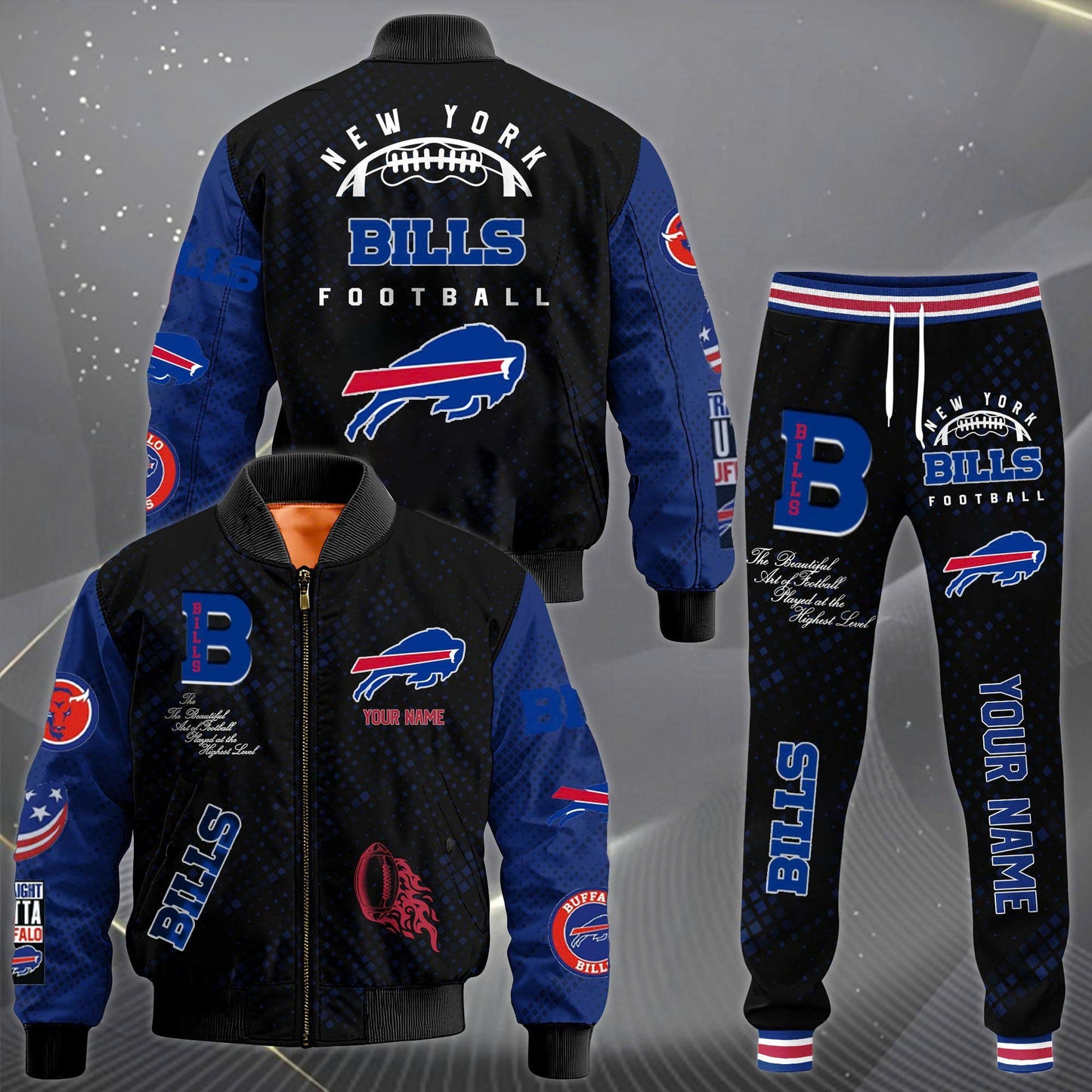 LIMITED EDITION - NEW CUSTOMIZED NFL03 BFB BUFFALO BILLS SATIN VARSITY JACKET & LONG PANTS