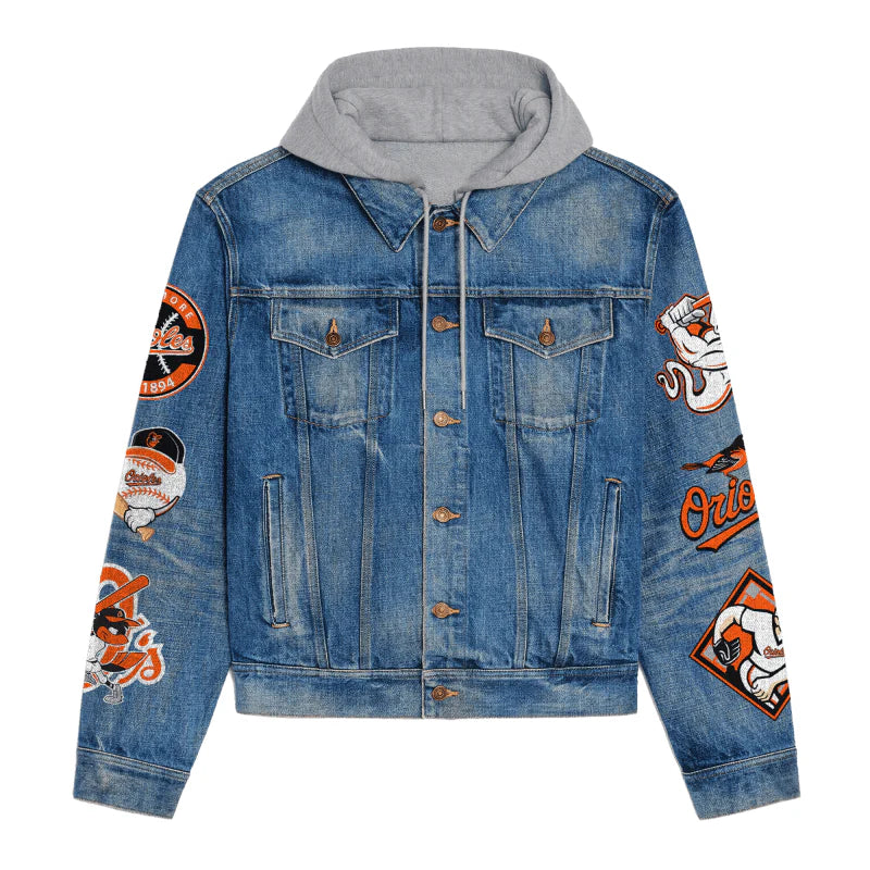LIMITED EDITION - NEW CUSTOMIZED MLB25 BOS BALTIMORE ORIOLES HOODED DENIM JACKET