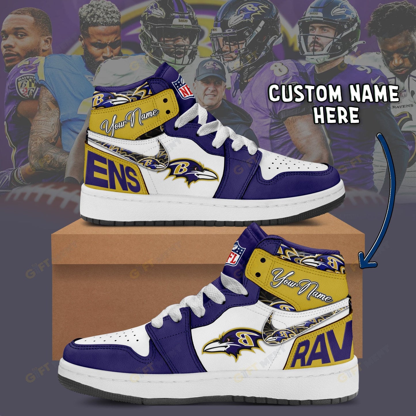 LIMITED EDITION - NEW CUSTOMIZED NFL28 BTR BALTIMORE RAVENS AIR JORDAN 1