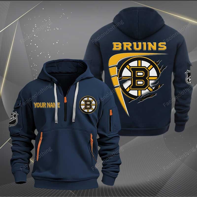 LIMITED EDITION - NEW CUSTOMIZED NHL02 BTB BOSTON BRUINS QUARTER ZIP HOODIE