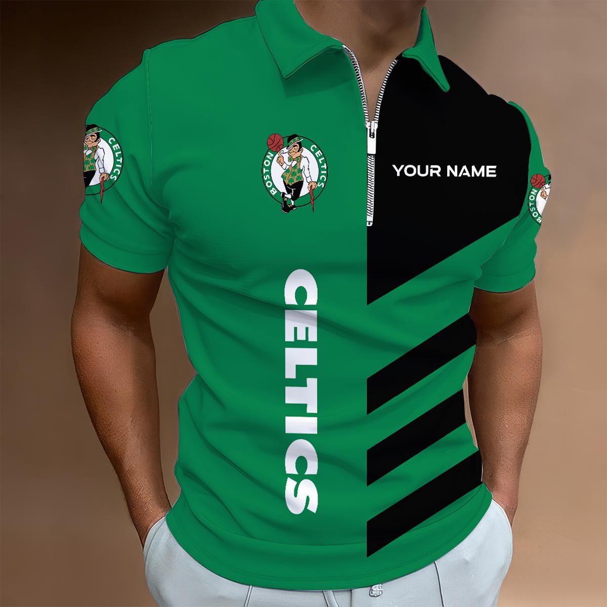 LIMITED EDITION - NEW CUSTOMIZED NBA03 BC BOSTON CELTICS ZIP POLO SHIRT