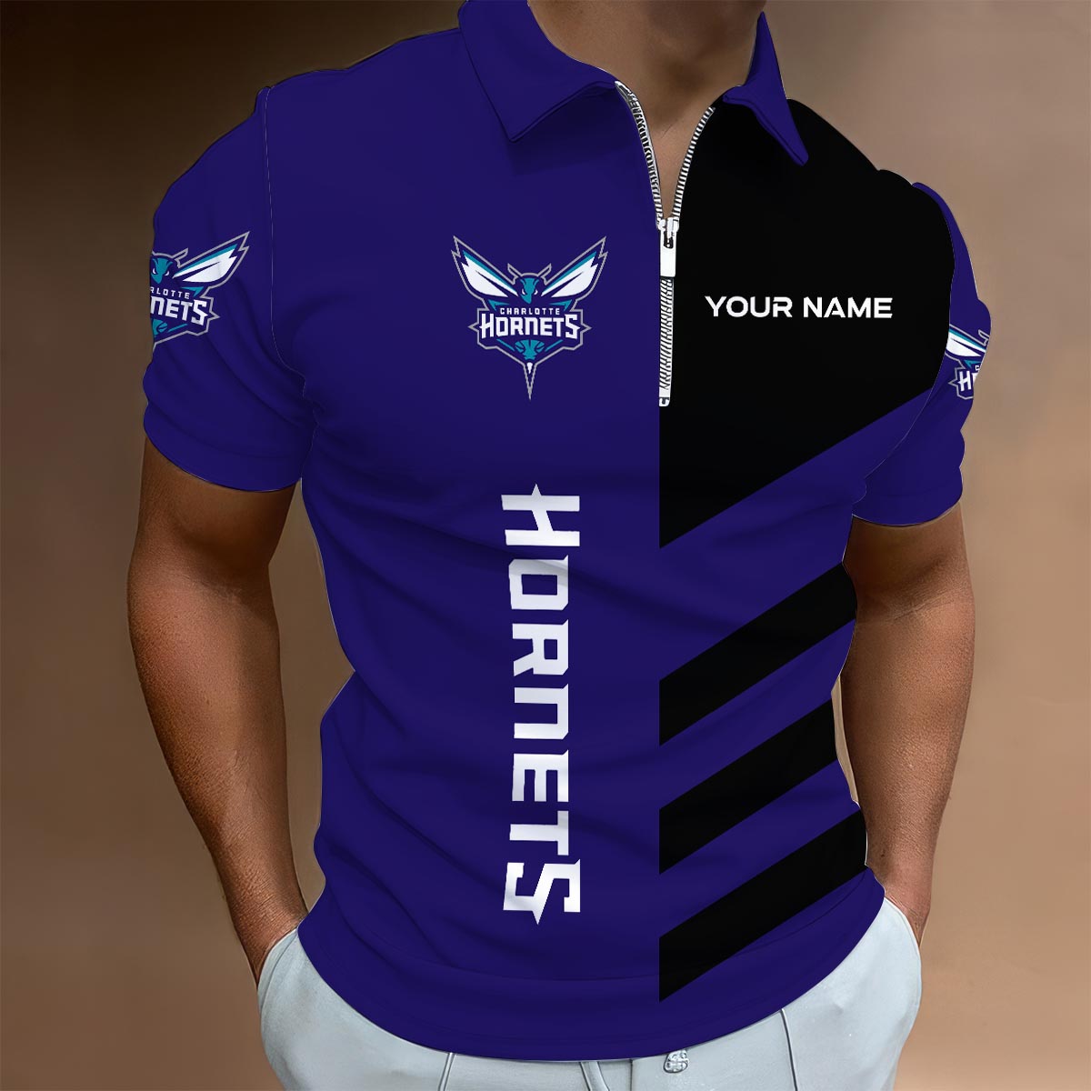 LIMITED EDITION - NEW CUSTOMIZED NBA27 CH CHARLOTTE HORNETS ZIP POLO SHIRT
