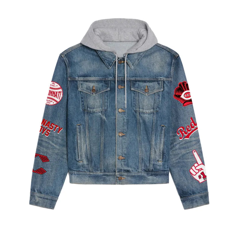 LIMITED EDITION - NEW CUSTOMIZED MLB05 CRS CINCINNATI REDS HOODED DENIM JACKET