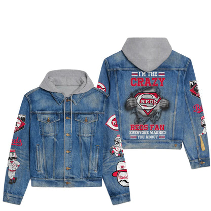 LIMITED EDITION - NEW CUSTOMIZED MLB05 CRS CINCINNATI REDS HOODED DENIM JACKET
