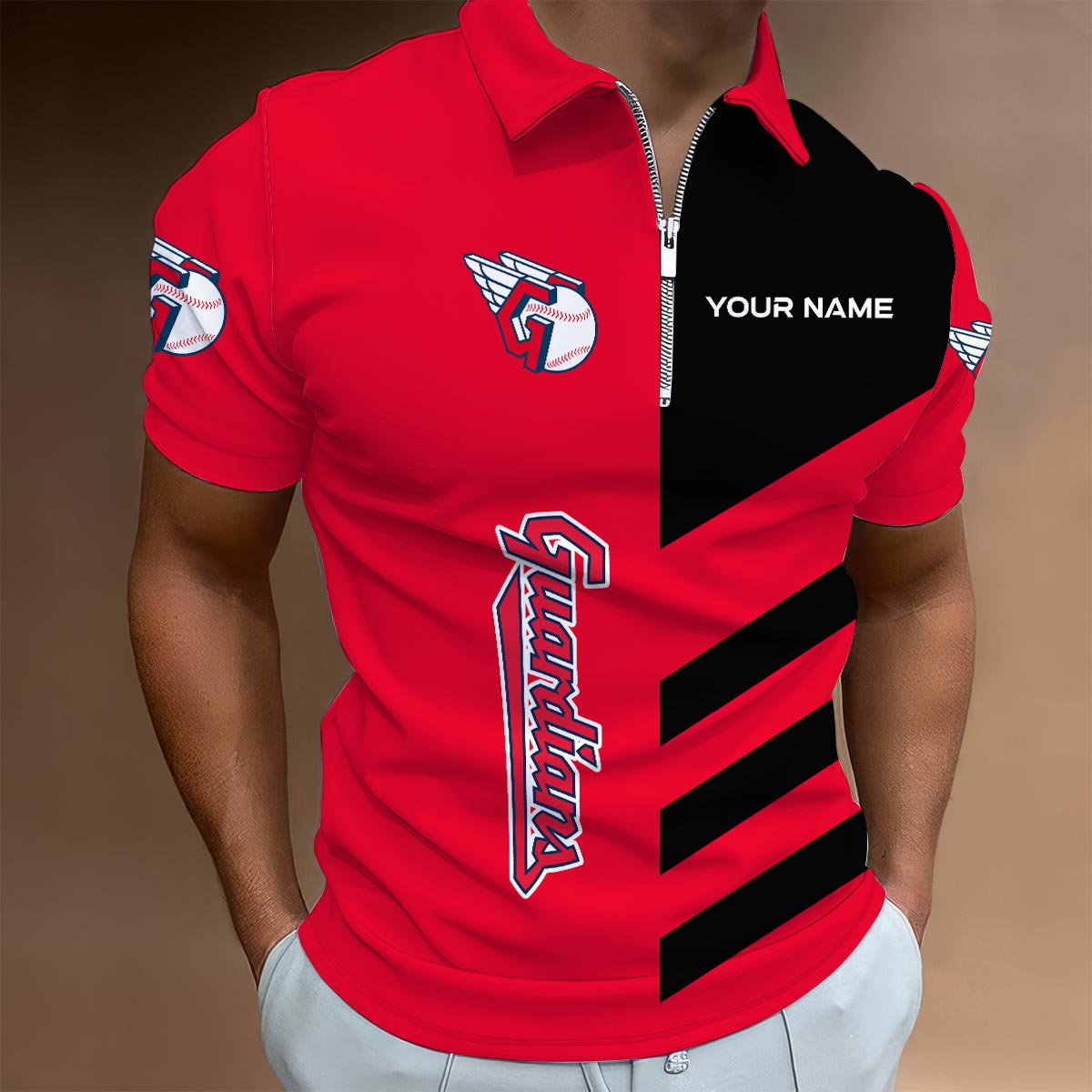 LIMITED EDITION - NEW CUSTOMIZED MLB13 CGS CLEVELAND GUARDIANS ZIP POLO SHIRT