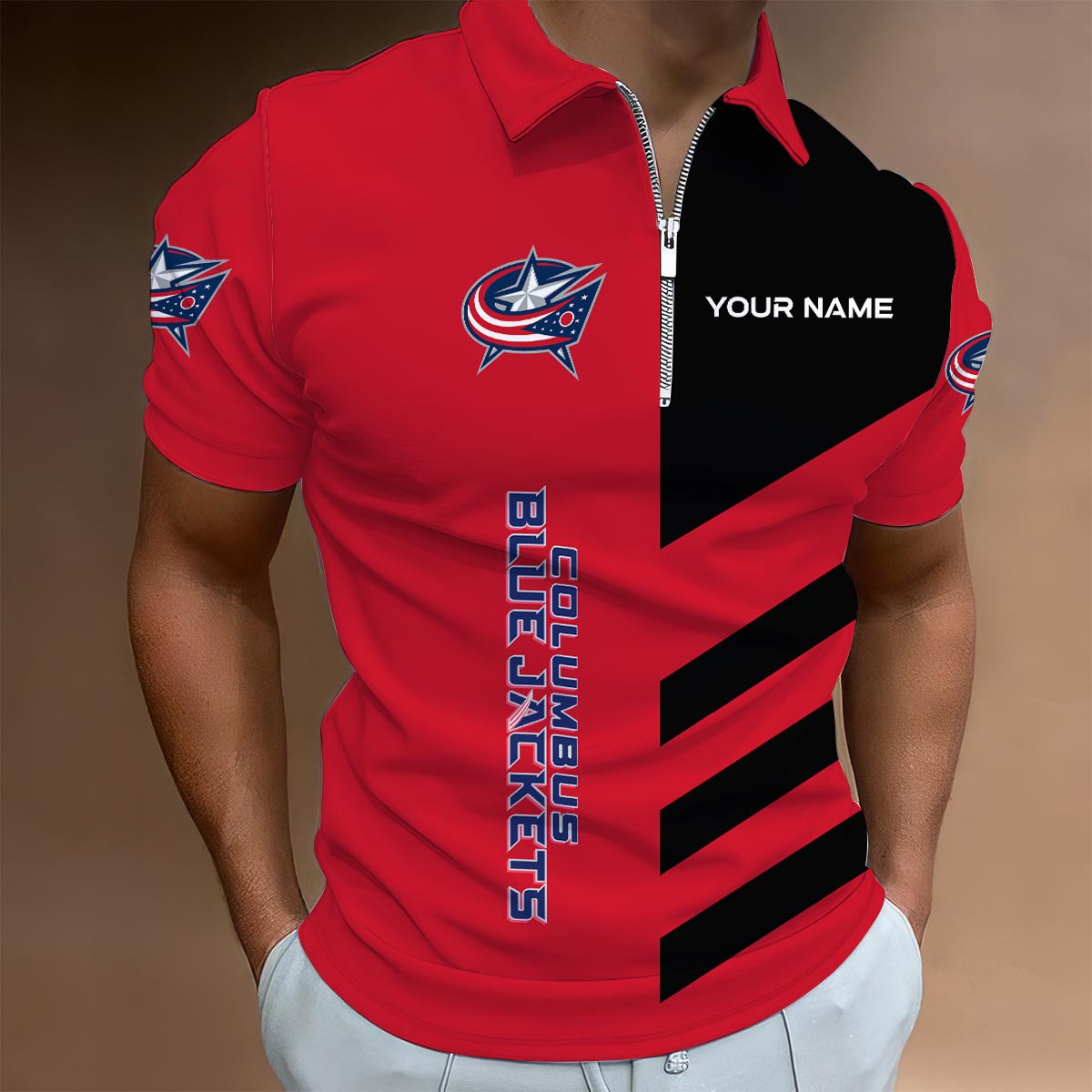 LIMITED EDITION - NEW CUSTOMIZED NHL18 CBJ COLUMBUS BLUE JACKETS ZIP POLO SHIRT