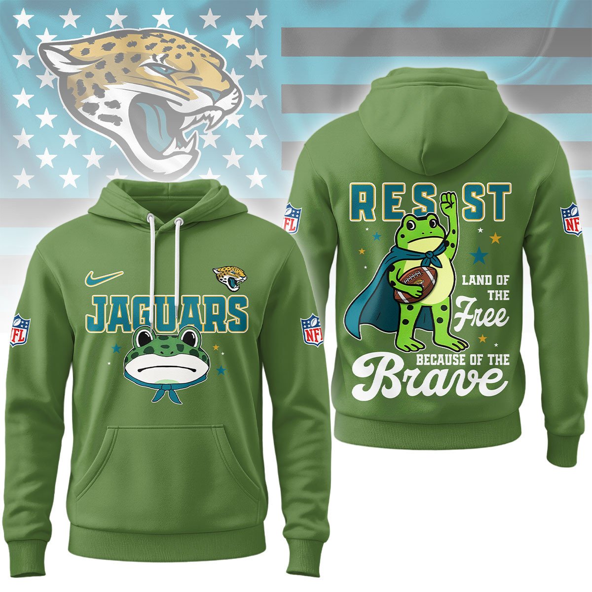 LIMITED EDITION - NEW CUSTOMIZED NFL30 JSJ JACKSONVILLE JAGUARS LAND OF THE FREE BRAVE T-SHIRT, POLO, HOODIE & JACKETS