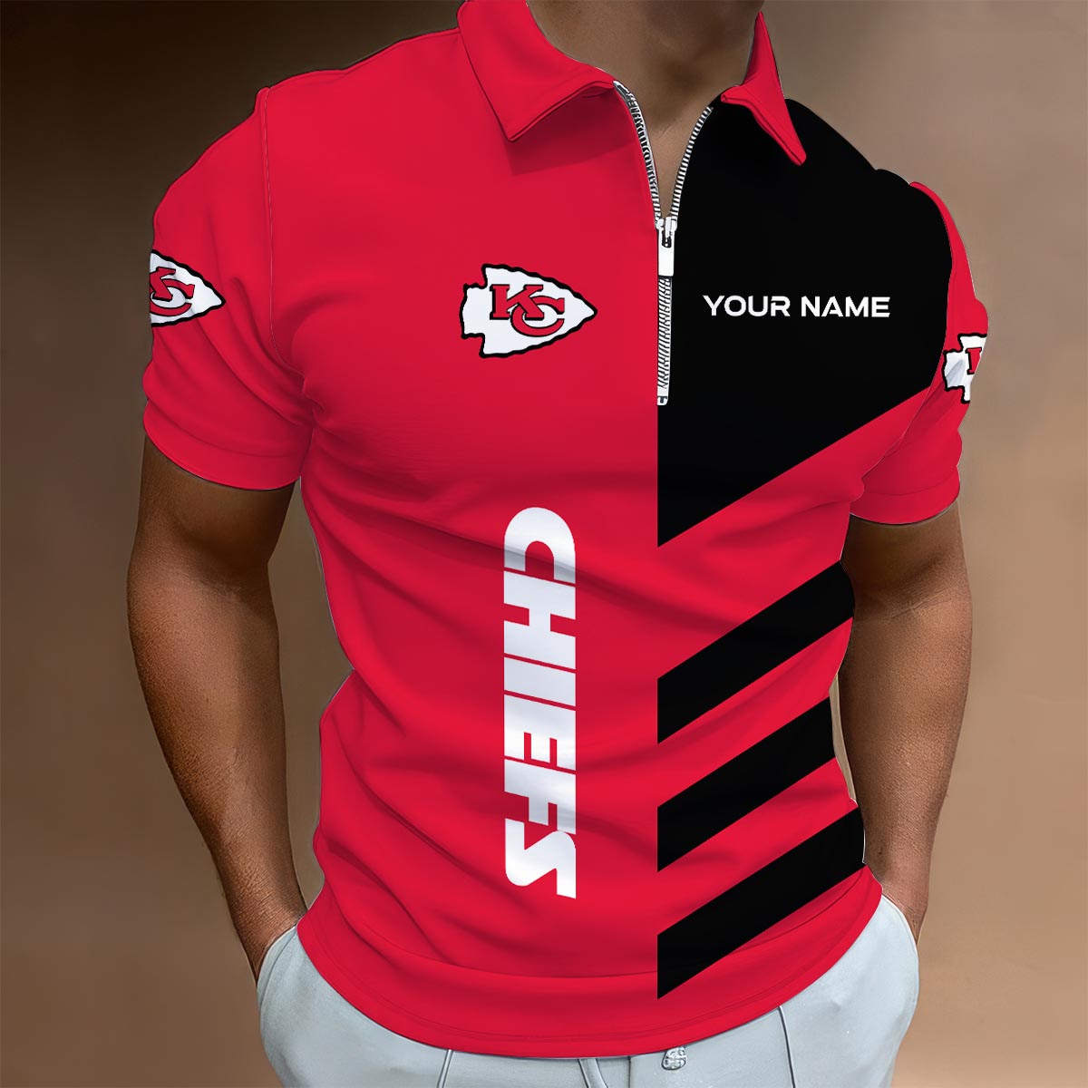LIMITED EDITION - NEW CUSTOMIZED NFL01 KCC KANSAS CITY CHIEFS ZIP POLO SHIRT