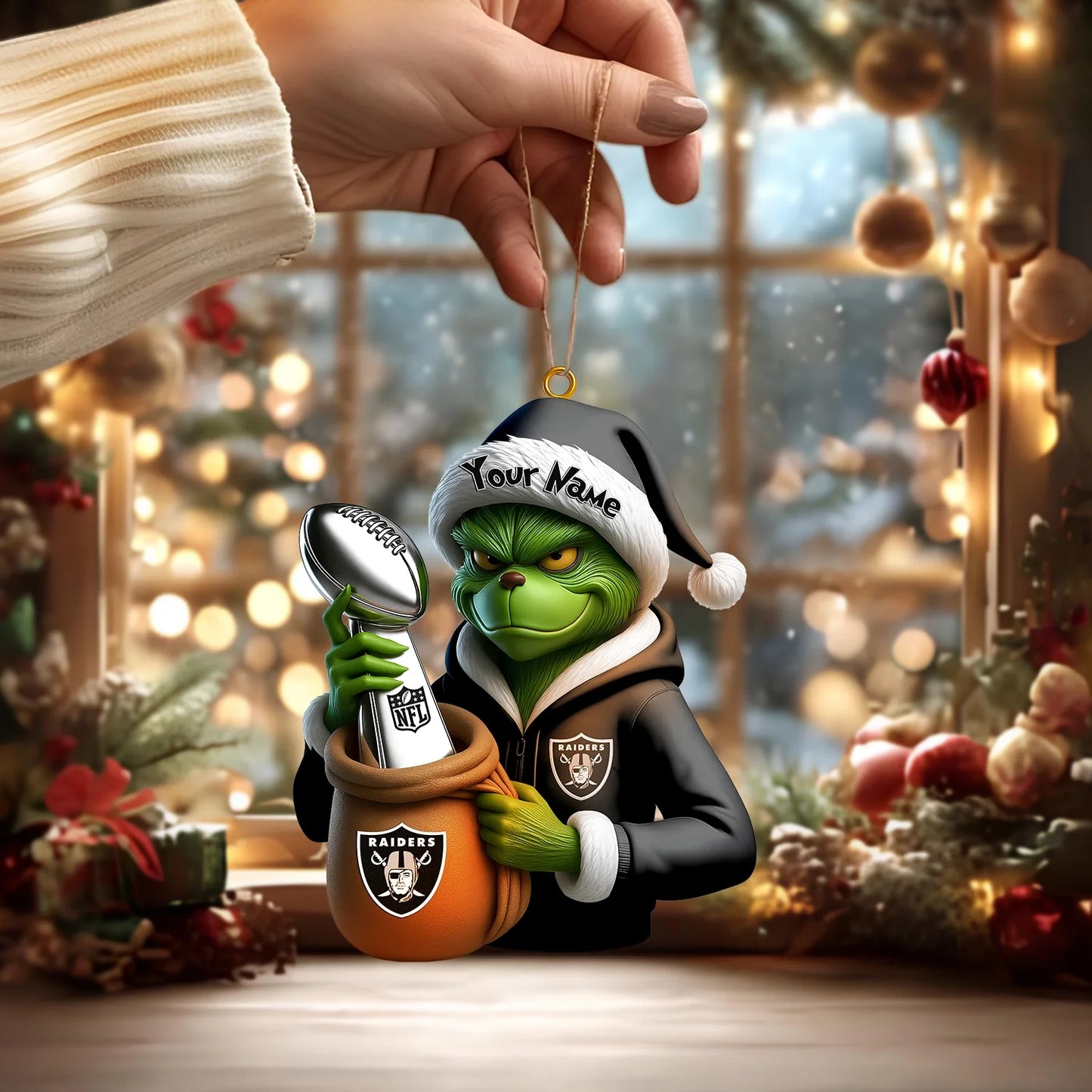 LIMITED EDITION - NEW CUSTOMIZED NFL07 LVR LAS VEGAS RAIDERS THE GRINCH ACRYLIC ORNAMENT