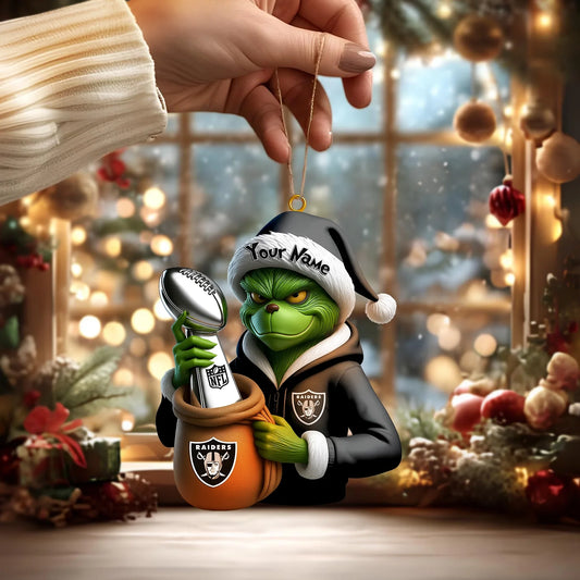 LIMITED EDITION - NEW CUSTOMIZED NFL07 LVR LAS VEGAS RAIDERS THE GRINCH ACRYLIC ORNAMENT