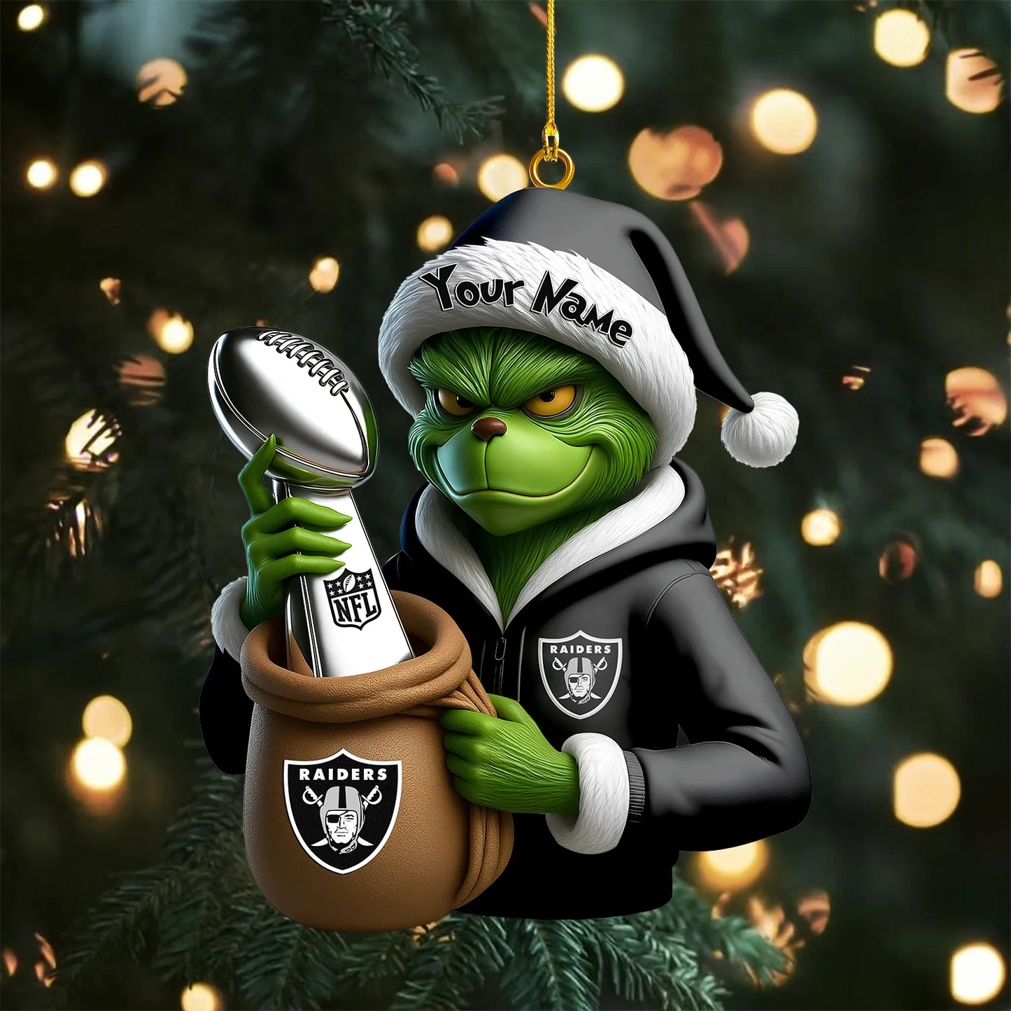 LIMITED EDITION - NEW CUSTOMIZED NFL07 LVR LAS VEGAS RAIDERS THE GRINCH ACRYLIC ORNAMENT