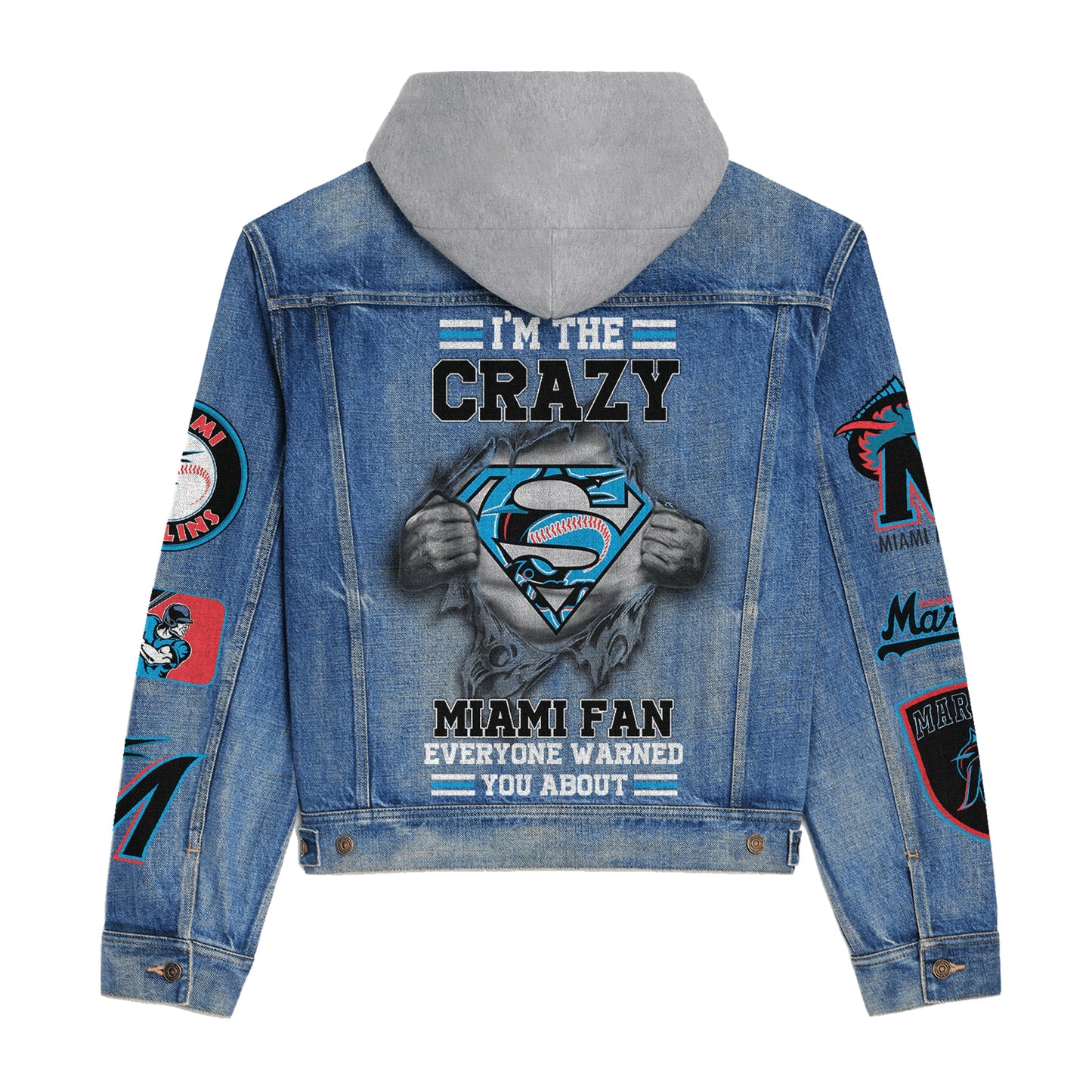 LIMITED EDITION - NEW CUSTOMIZED MLB20 MMS MIAMI MARLINS HOODED DENIM JACKET