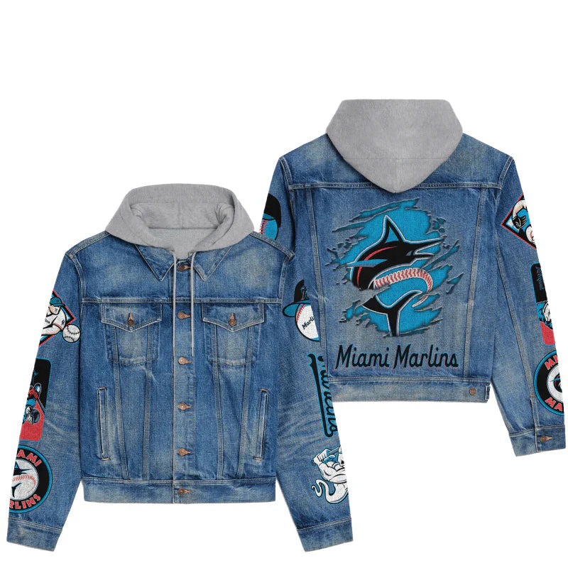 LIMITED EDITION - NEW CUSTOMIZED MLB20 MMS MIAMI MARLINS HOODED DENIM JACKET