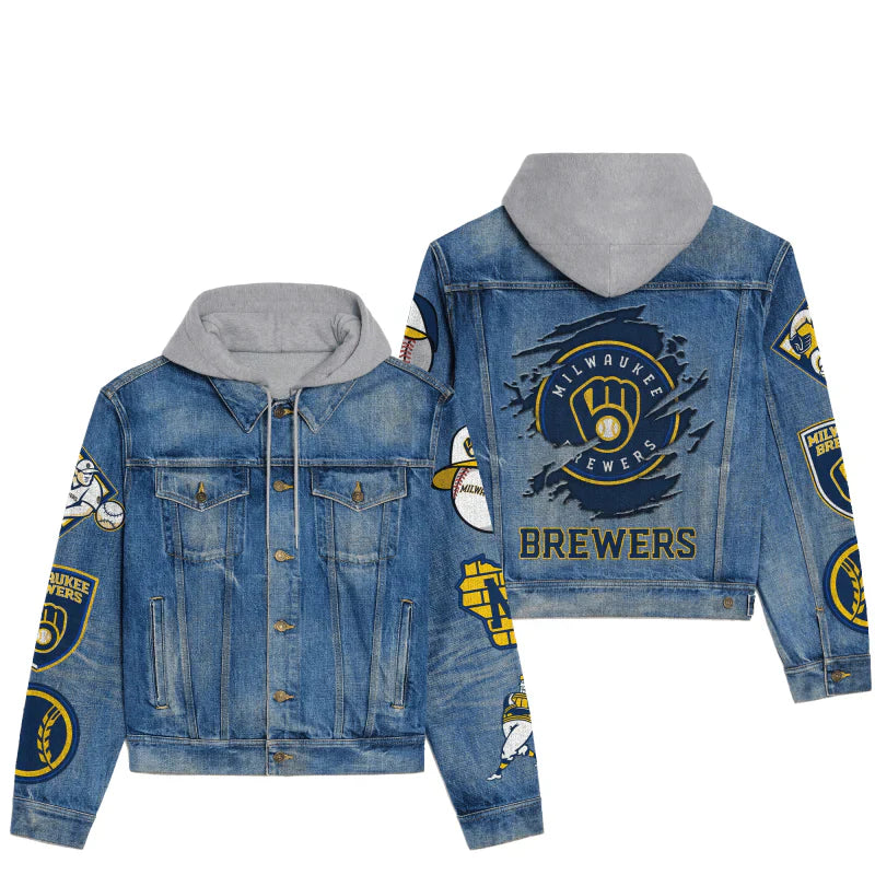 LIMITED EDITION - NEW CUSTOMIZED MLB15 MBS MILWAUKEE BREWERS HOODED DENIM JACKET