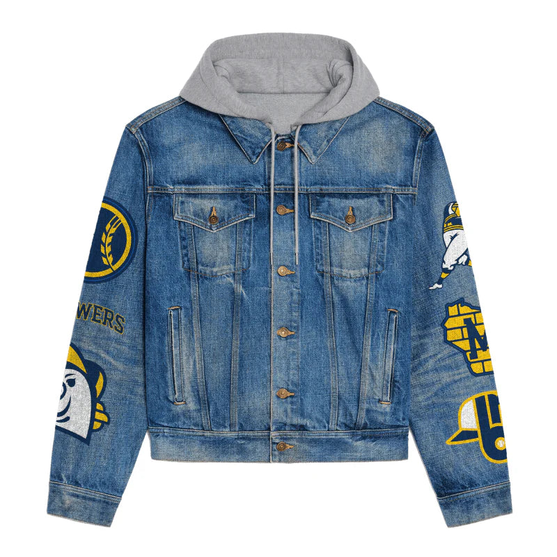 LIMITED EDITION - NEW CUSTOMIZED MLB15 MBS MILWAUKEE BREWERS HOODED DENIM JACKET