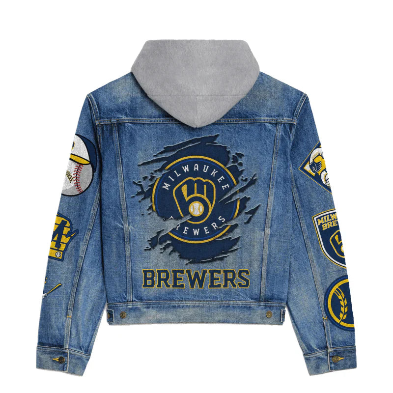 LIMITED EDITION - NEW CUSTOMIZED MLB15 MBS MILWAUKEE BREWERS HOODED DENIM JACKET